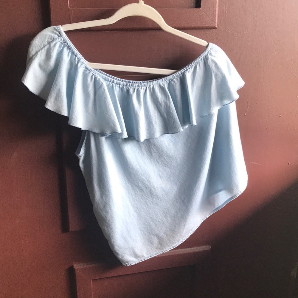 Light Blue Off-Shoulder Ruffle Top - Picture 1 of 7